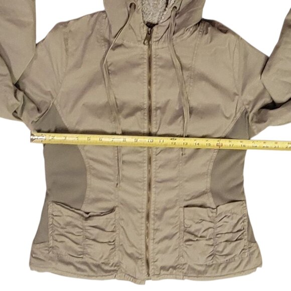 XCVI Light Green Khaki 100% Cotton Ruched Plush Fleece Lined Hooded Jacket Sz L - Picture 13 of 16